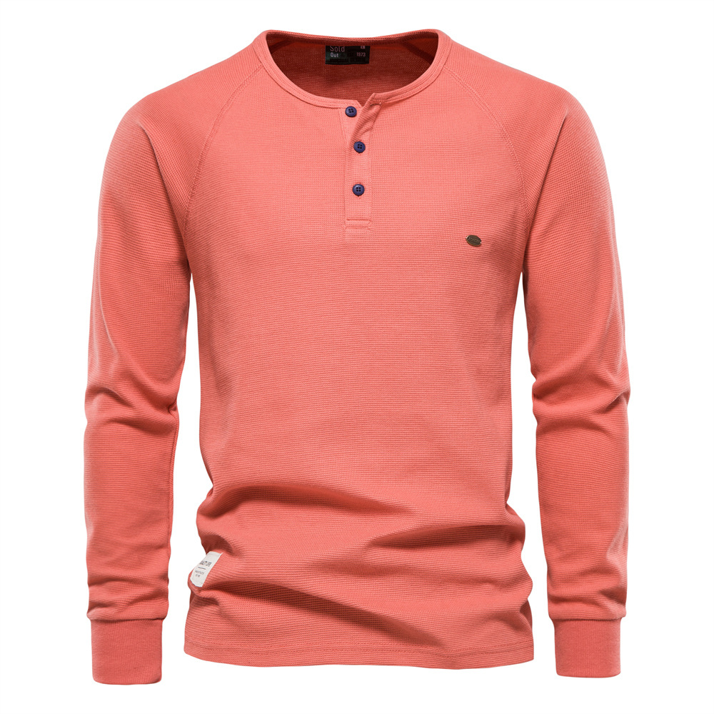 European Size Cross-Border Autumn and Winter Men's Base Shirt Henley Collar Long-Sleeve Waffle T-Shirt Men's Trendy Versatile T-Shirt