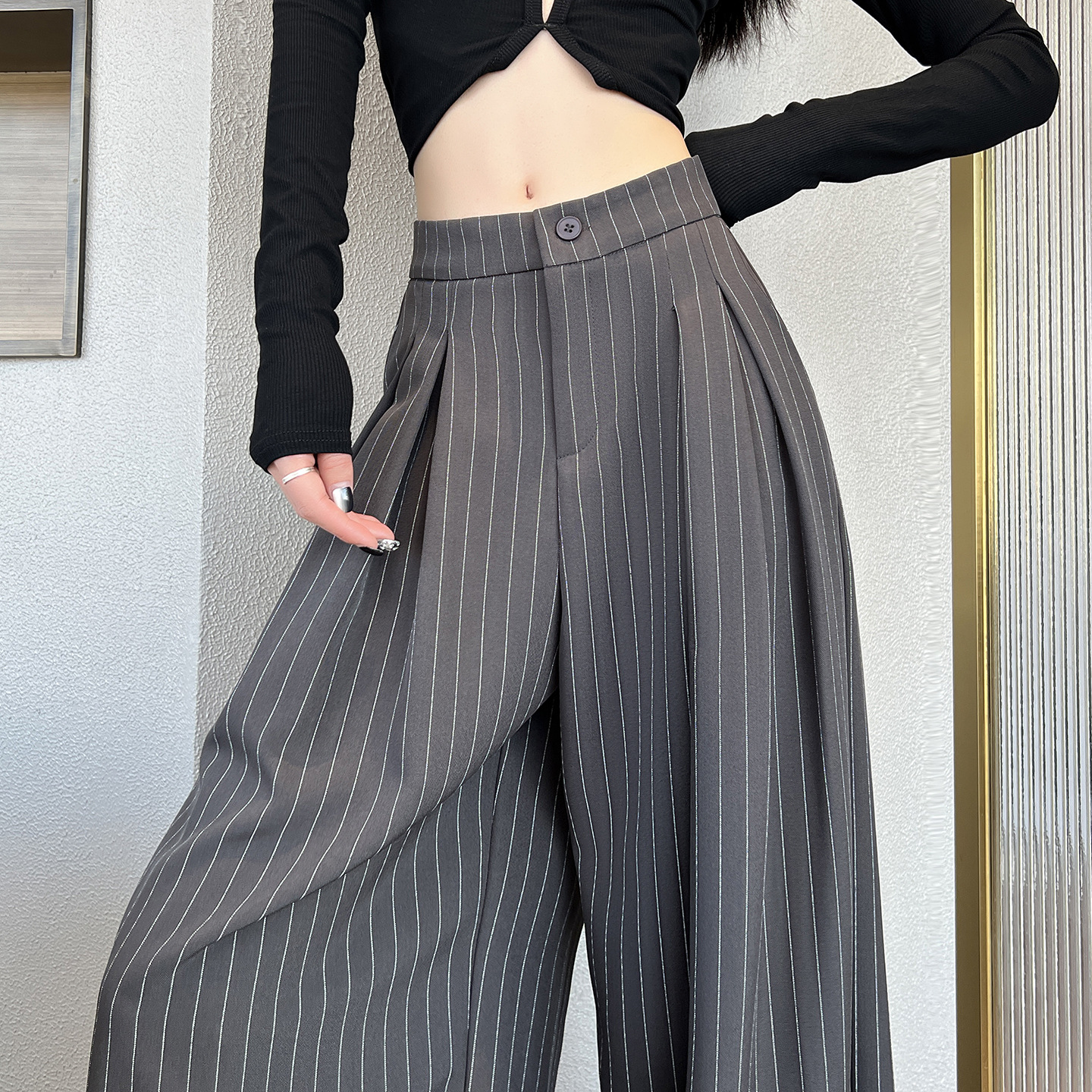 Spring and Summer Old Money Style Striped Suit Wide-Leg Pants for Women, Summer Design, Loose High-Waisted Straight-Leg Drapey Casual Floor-Length Pants