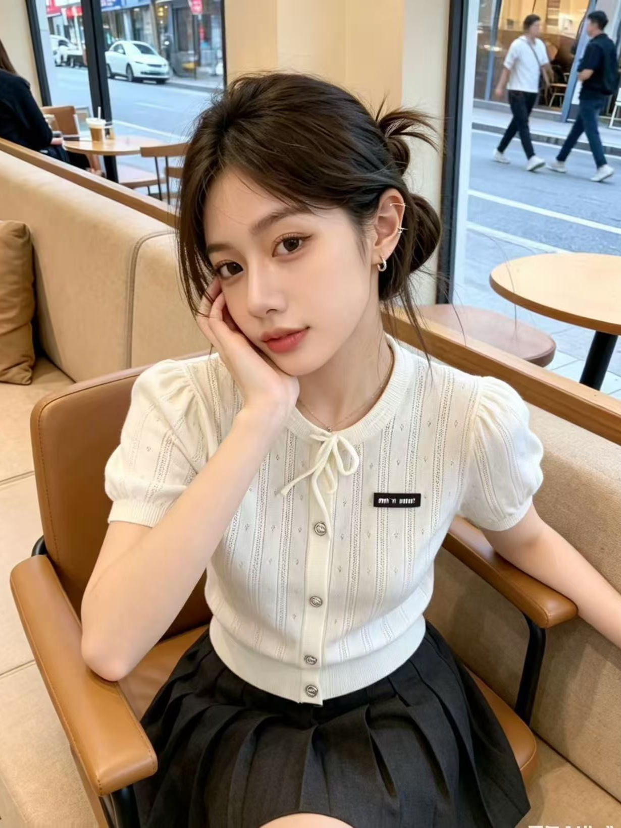 High-End mm Brand 26Th Summer New Style Bow-Tie Lace-Up Hollow-Out Knit Top Sweet and Gentle Style Short-Sleeve Blouse for Women