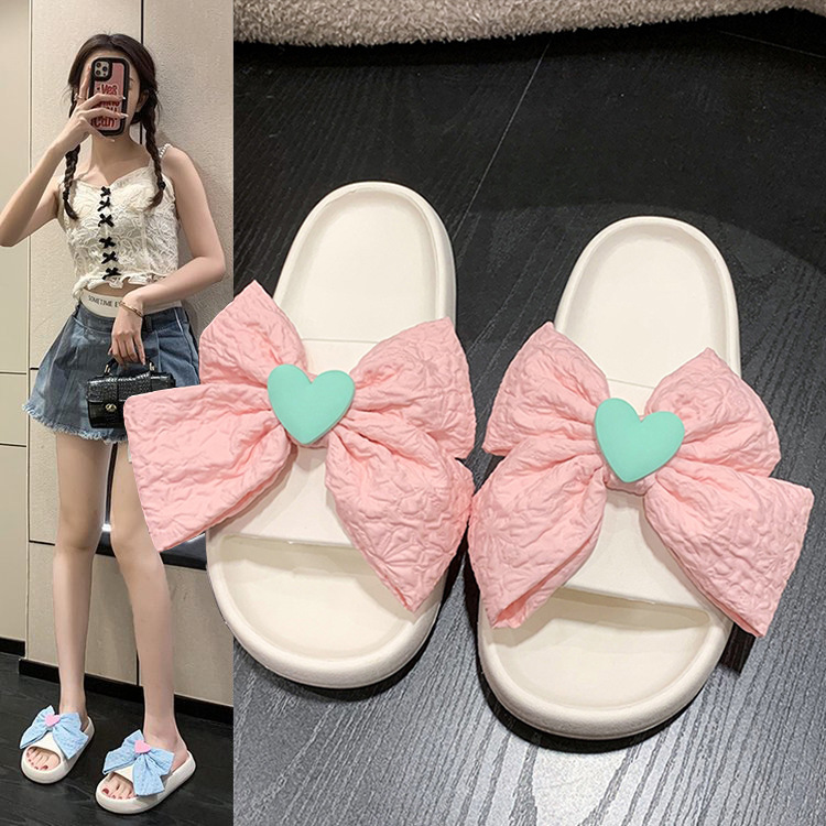 Girl ins style ~ cute sand bow drooping slippers thick bottom bathroom slippers summer wholesale EVA slippers