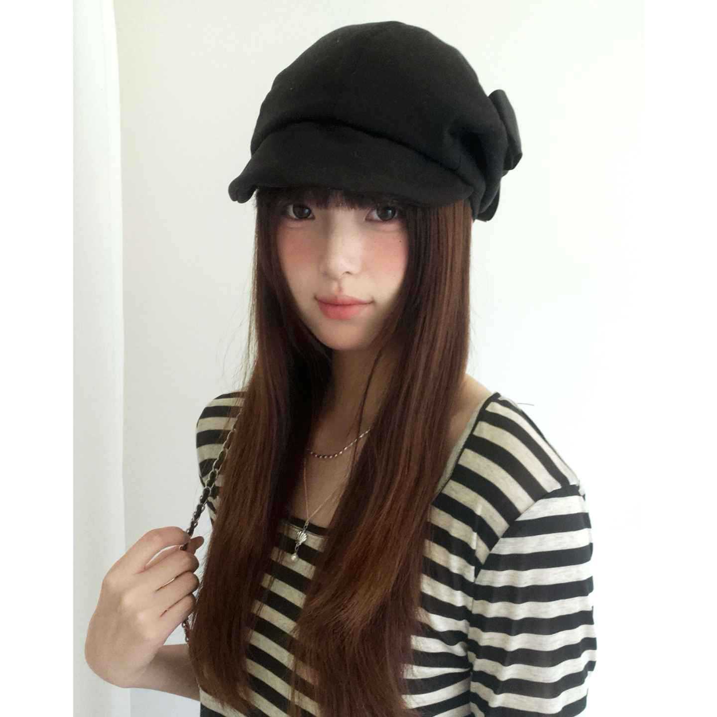Vintage Japanese-Style Bow Beret for Women, Autumn and Winter Literary Versatile Newsboy Hat, Face-Slimming Casual Artist Hat