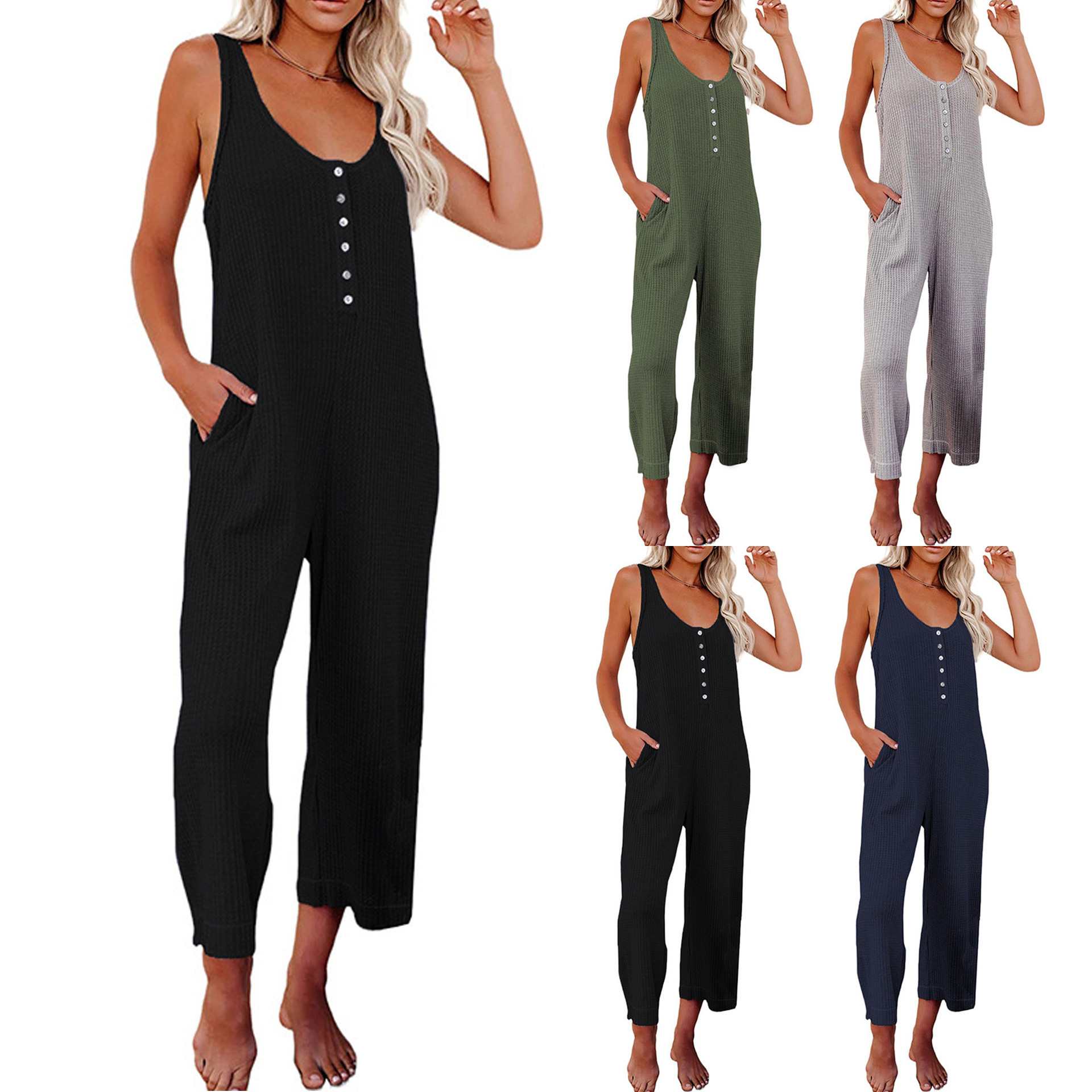 Factory Direct cross-border summer solid color Foreign Trade European and American waffle vest women's volleyball buckle pocket casual jumpsuit