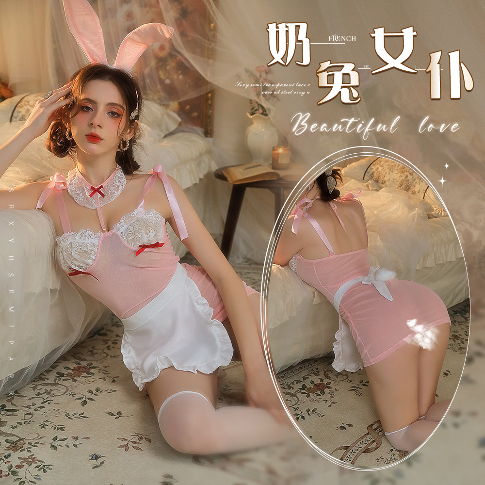 Sexy Underwear Cute Milk Sexy Bunny Milk Rabbit Maid Steel Rings Gathering Large Mesh Perspective suit