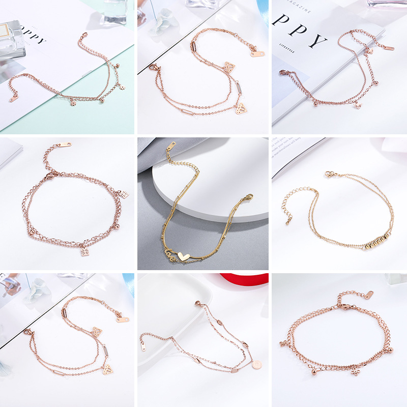 New Korean version of titanium steel rose gold anklet women's simple double summer geometric anklet trinkets wholesale