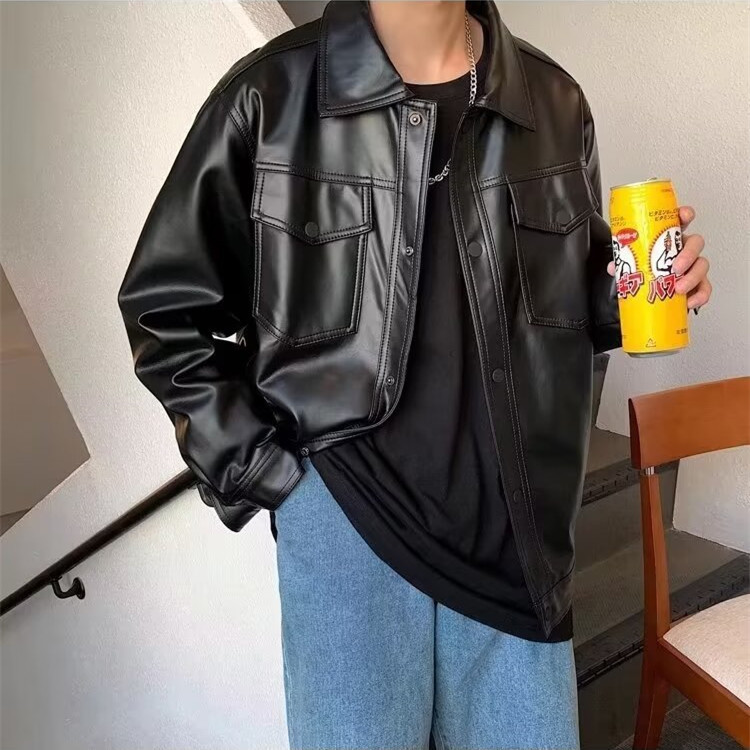 Jacket Men's Spring and Autumn Loose Casual Workwear Leather Jacket American Retro Biker Leather Jacket Men's High-end Sense