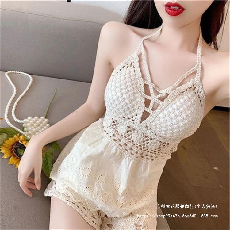 Suit Halter Vest Suspender with Breast Pads Backless Cut Out Swimsuit Embroidered Vest Women's Summer Short Inner Top