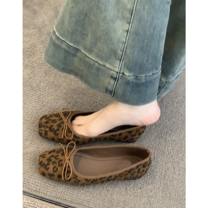 Cowhide Version~Genuine Leather French Retro Bowknot Leopard Print Shallow Ballet Flats for Women Slip-On Granny Shoes