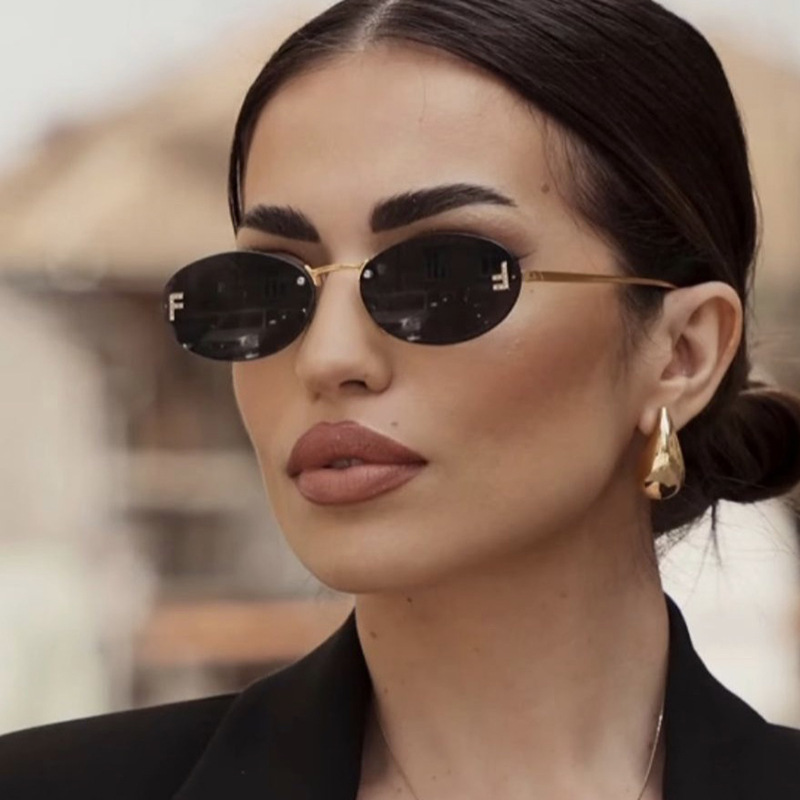Cross Border Letter F Frameless Sunglasses 2024 New Oval Retro Small Frame Sunglasses Fashion Metal Sunglasses