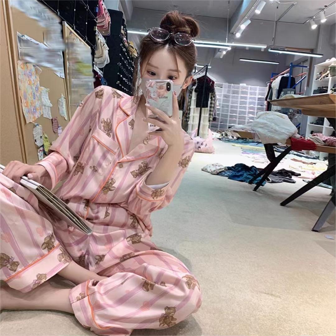 [Muppet purple bear] 2023 autumn new pink cartoon bear long sleeve trousers ice silk pajamas set