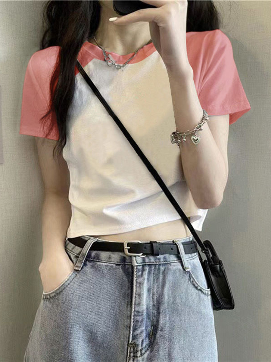 Round Neck Short Sleeve Contrast Color Ice Cool Silk Women's Sweater Slim Look High Half Sleeve Top Raglan Sleeve Short New All-match