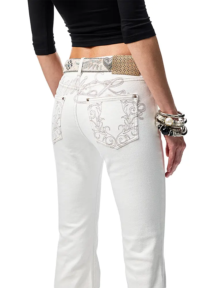1Jinn Studio Classic Black and White pure color Embroider Denim Tight Flared Pants for Women Washed Easiest for match Low Waist pants