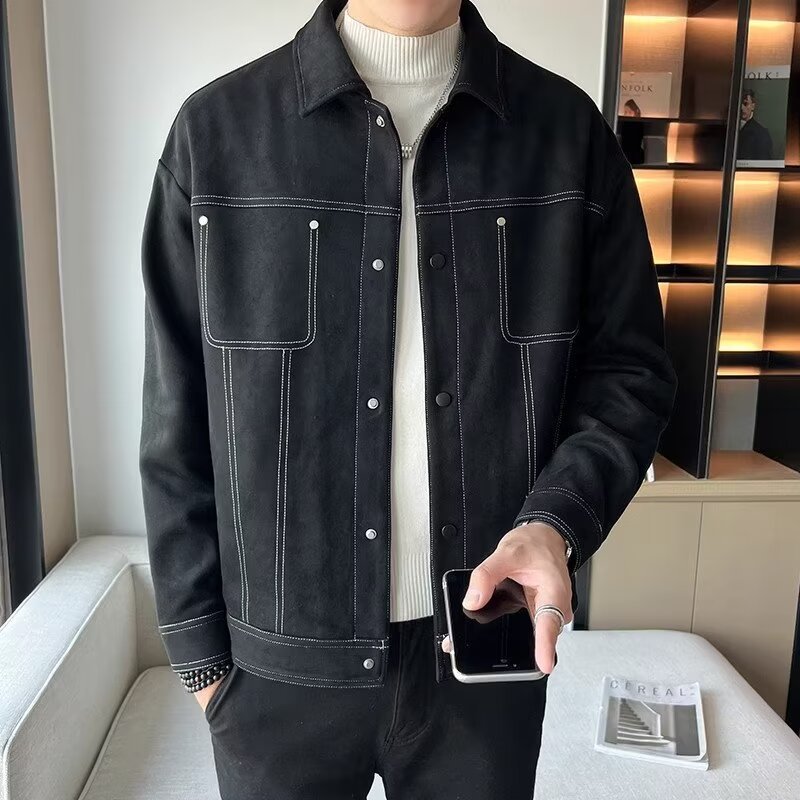 2024 Autumn Jacket Men's Lapel Workwear Casual Jacket Loose Trendy Brand Plumpton Shuai Ming Line Design Sense Upper Clothes
