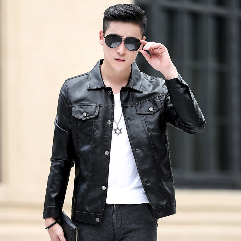 Cross-border fleece-lined Spring and Autumn New Men's PU Leisure Motorcycle Autumn and Winter Leather Jacket Leather Jacket European and American plus size