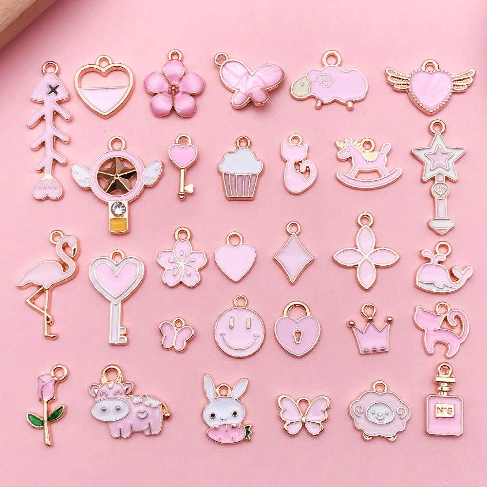 1 Sweet and Cute Pink Animal Flower Pattern Enamel Alloy Jewelry Accessory DIY Pendant Keychain Charm