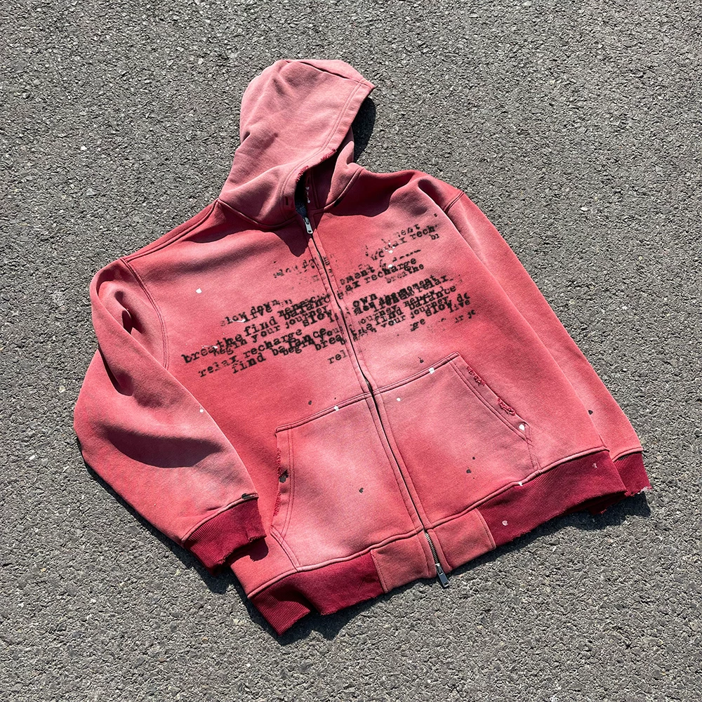 Wang Youbing Studio only produces beloved items! Retro Wreck Heavy duty Water Washed Inkjet Letter Hoodie Cardigan