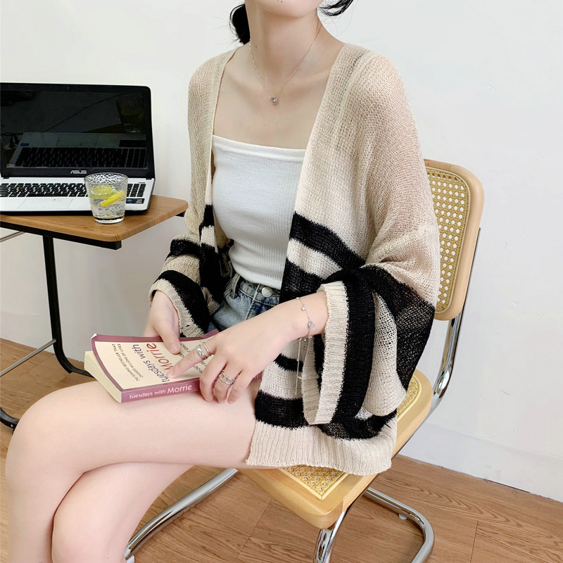 2026 New Korean Style Mohair Sun Protection Long-Sleeve Loose Striped Color-Block Knit Cardigan Women's Top Jacket