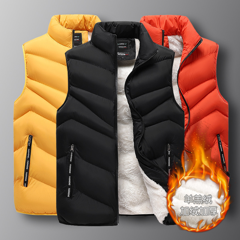 Cross-Border Large Size Winter Velvet Thickened Vest Men's Autumn and Winter Warm Outdoor Lamb Velvet Vest Stand Collar Sleeveless Vest