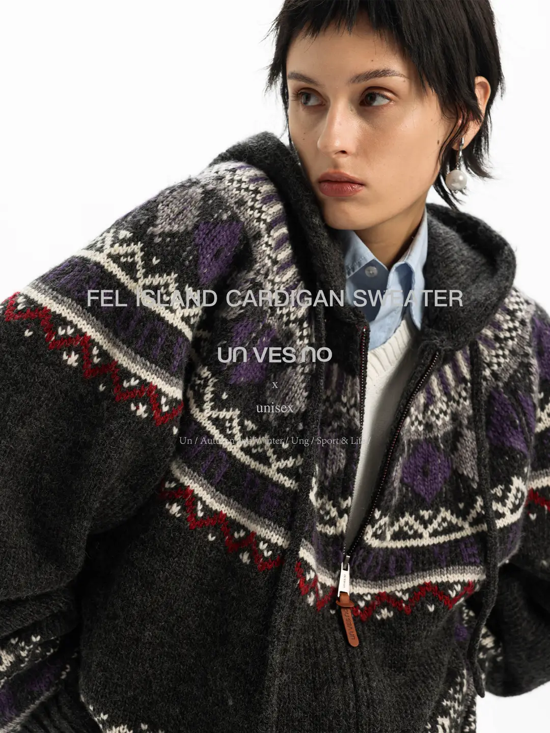 [Wool Blend] Unvesno (Un) Fair Isle Retro Jacquard Hooded 20% Wool Knitting Cardigan Sweater