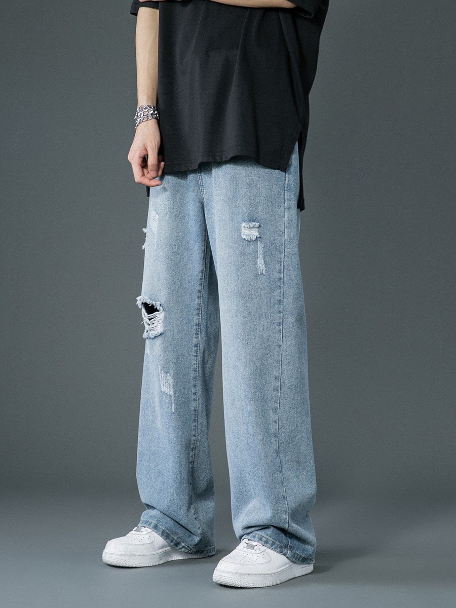 Men's Straight-Leg Jeans for Teenagers, Loose Wide-Leg Floor-Length Straight Pants, European and American Style