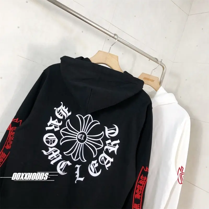Worker of Choice Flame Red Embroider Flower Cross Gothic Words Hoodie Stylish Street Trendy Men and Women Sweatshirt
