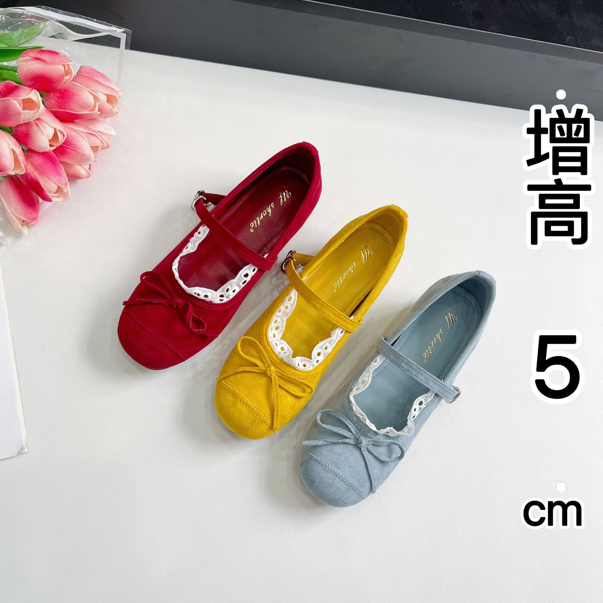 Elevated 5cm Bow Round Toe Mary Jane Shoes Women's 2025 Summer New French Style Lace Ballet Shoes
