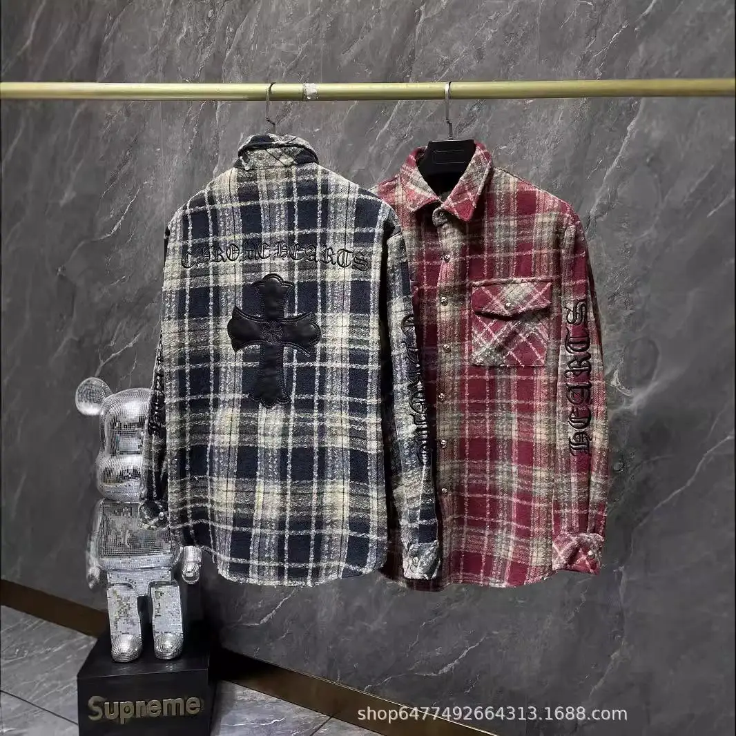 Cross-Border High Version Chrollo Chrome Hearts Autumn and Winter Embroidered Sanskrit Embroidered Cross Woolen Shirt