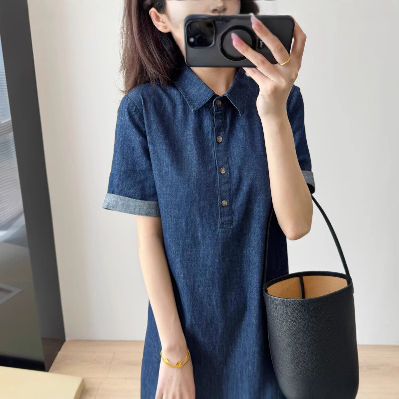 Salty or Sweet~Original Denim Blue Half-Cardigan Lapel A-Line Straight Loose Shirt-Style Denim Dress for Women