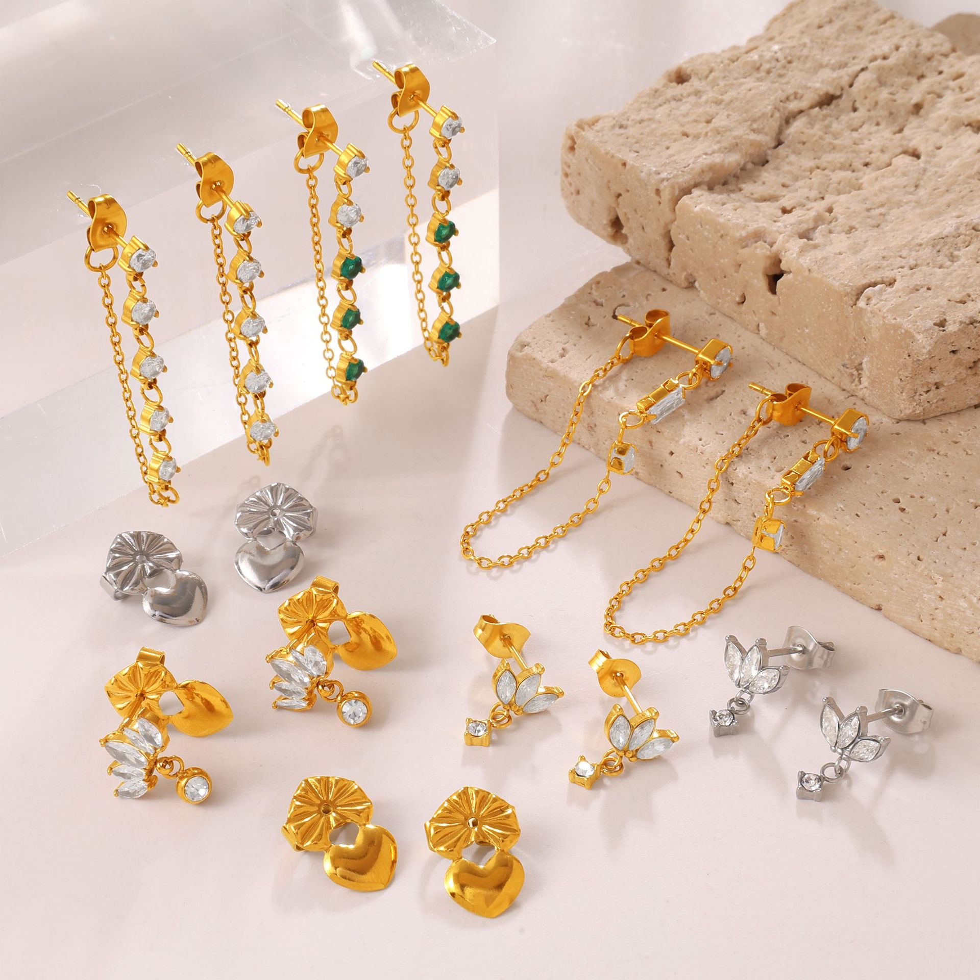 European and American New Fashion High-End Design Zircon-Studded Pendant Earrings Stainless Steel Japanese and Korean Style Chain Tassel Earrings