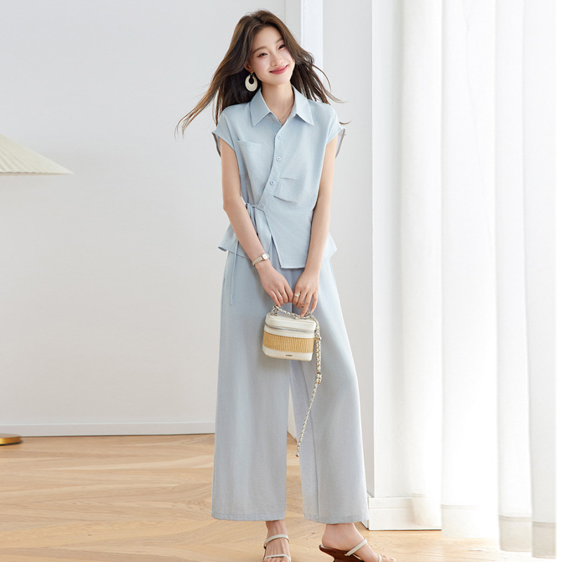 Blue Design-Inspired Irregular Lace-Up Shirt Set for Women, 2026 Summer New Style, Straight-Leg Wide-Leg Pants Two-Piece Set