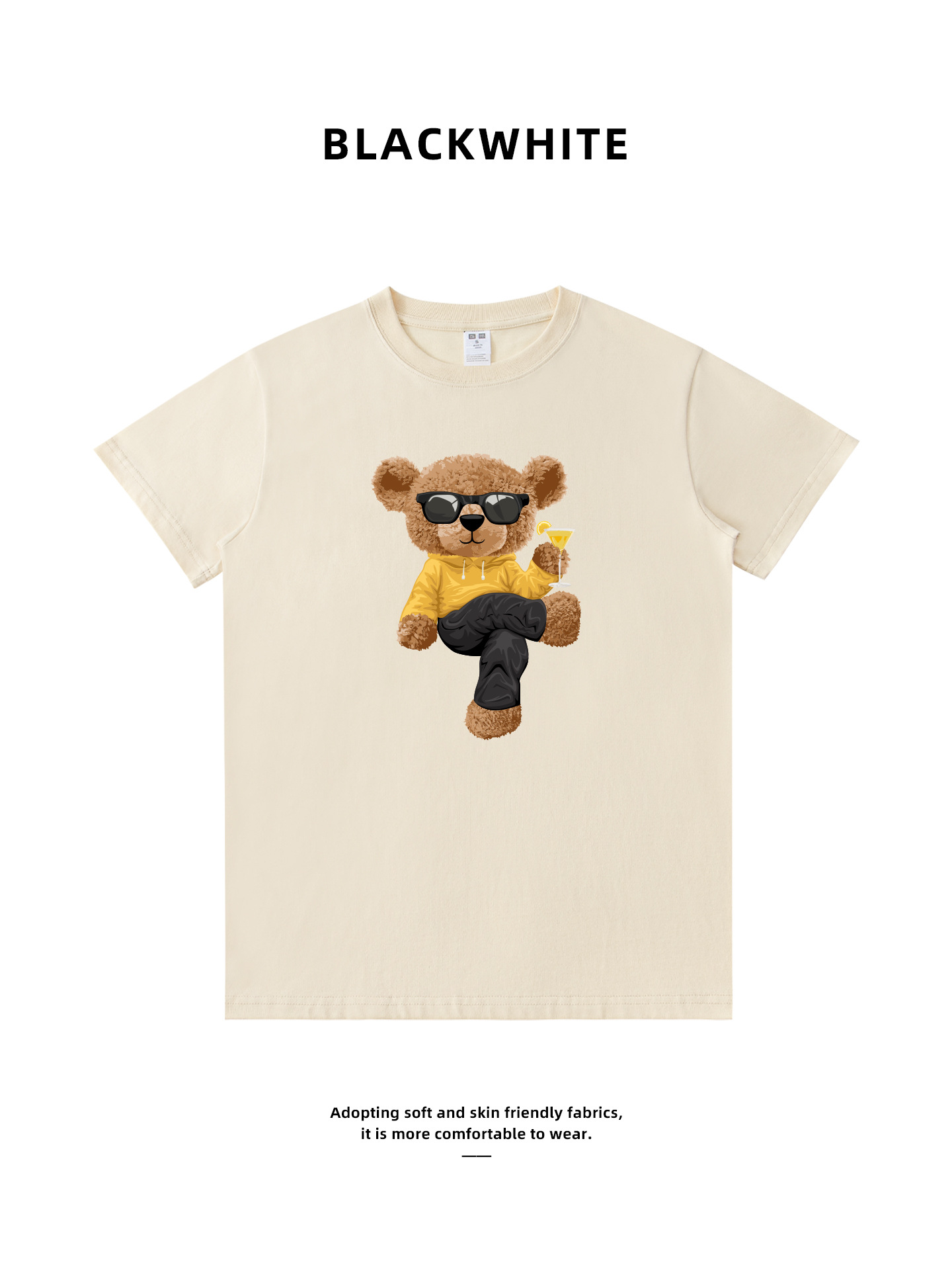 Apricot-Colored Korean-Style Ins Playful Bear Print Pure Cotton Cute and Fun Unisex Hot-Selling T-Shirt 843