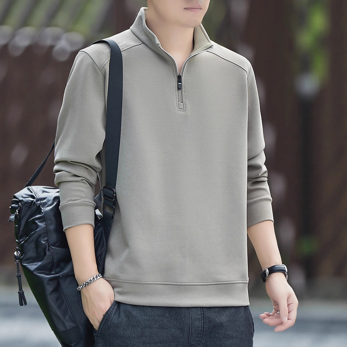 New Autumn and Winter Men's Stand-Up Collar Sweatshirt, Long-Sleeved T-Shirt, Zip-Up Pullover, Inner Layering Shirt