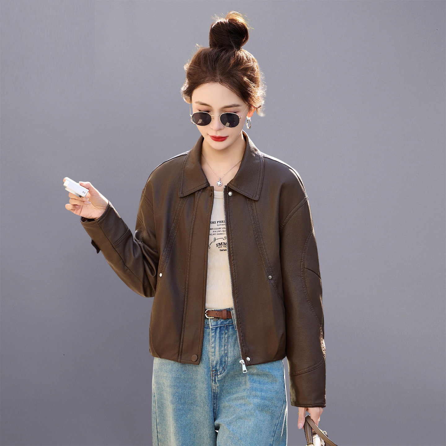 Women's Short Leather Jacket 2026 New Style Spring and Autumn Petite Vintage Casual Pu Leather Biker Jacket Top