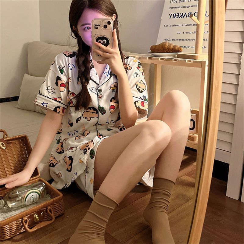 New Pure Cotton Crayon Cute Little New Cartoon Pajamas for Girls Age-Reducing Cardigan Short-Sleeved Casual Home Wear Set