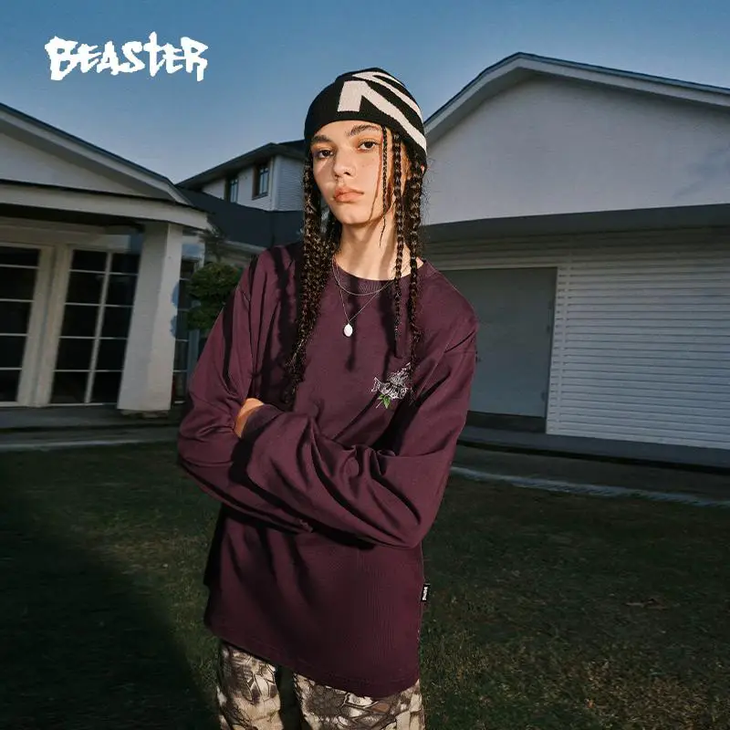 Beaster Heavy weight Long sleeves T-Shirt Female 2023 Lily Slogan Print Loose Fashion Handsome T-Shirt Male B34402S262