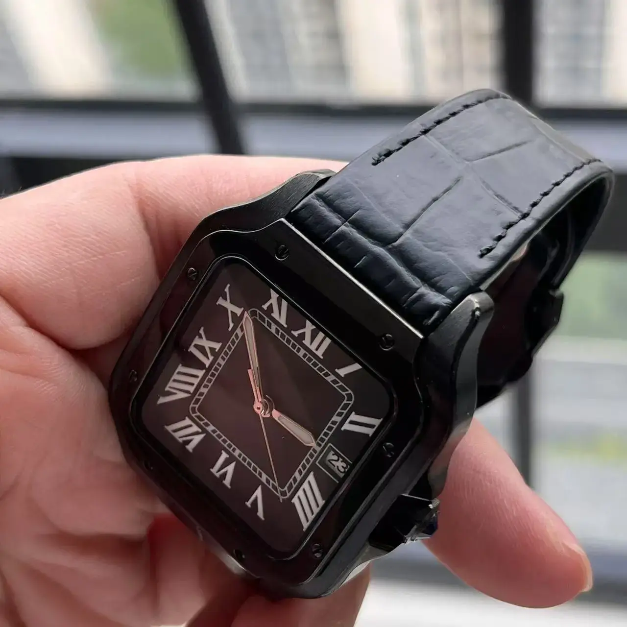 38mm Square Mechanical Watch Nh35 Modified Watch Steel Belt Optional Roman Numeral Calendar Transparent Bottom