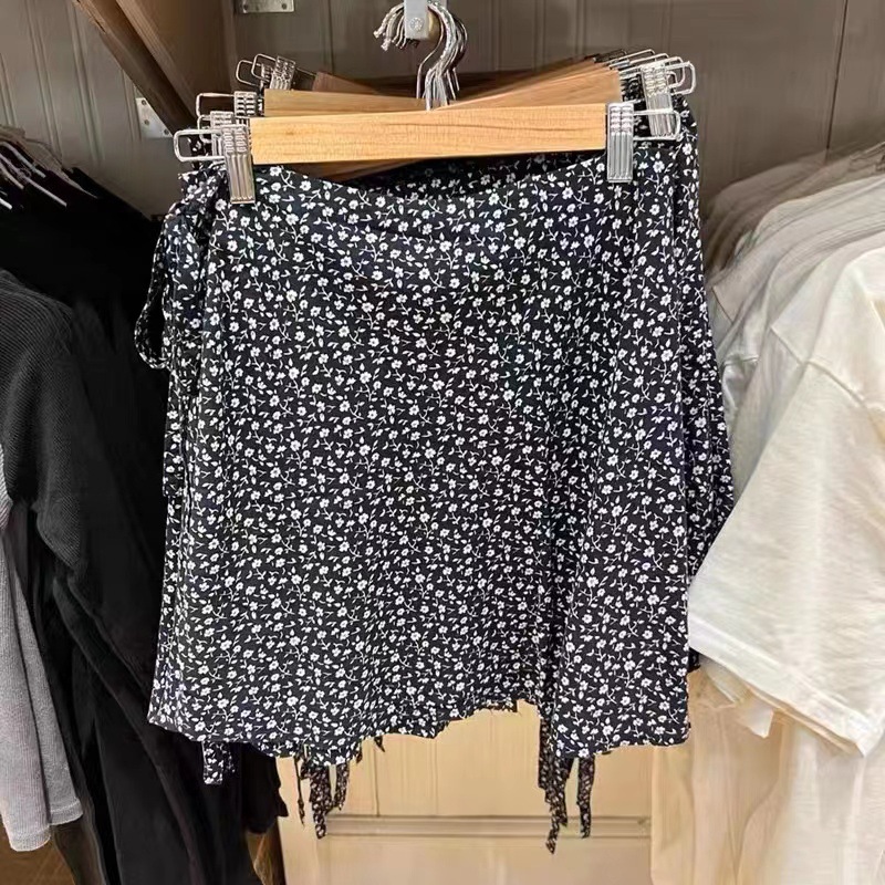 Brandy New Black White Flower One-piece Lace-up Short Skirt Summer bm Sexy Wrap Skirt A- line Skirt