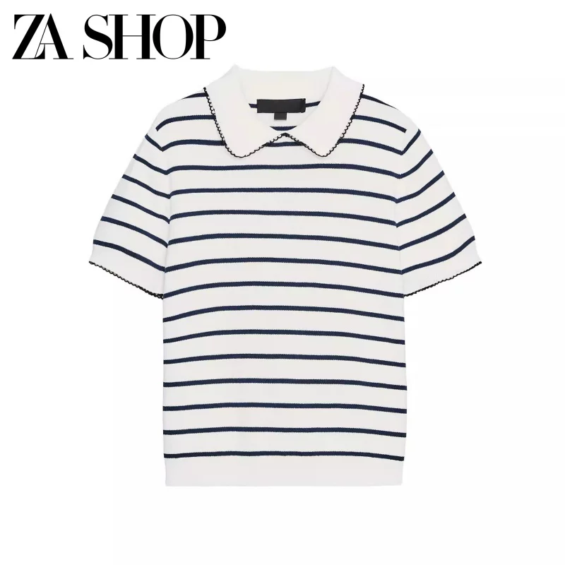 2025 Summer New Women's Loose Color-Block Trim Short-Sleeve Lapel Casual Knit Top 2142040