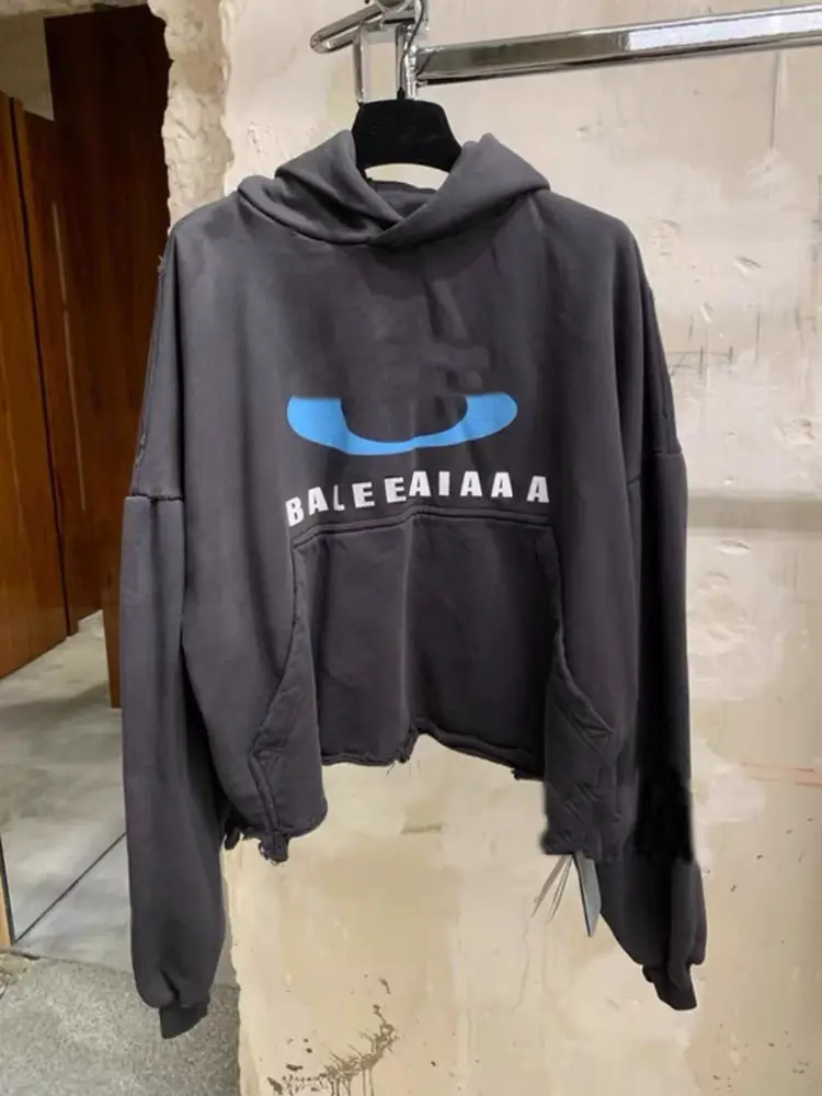 Ceiling! Paris Ring Logo Print Hem Distressed Hoodie for Men and Women, Autumn and Winter Loose Pullover Sweatshirt