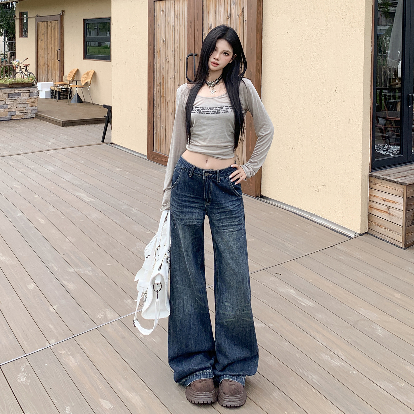 American Retro Straight-Leg Jeans for Women, 2026 Autumn New High-Waisted Loose-Fitting Slimming Lazy Style Wide-Leg Pants