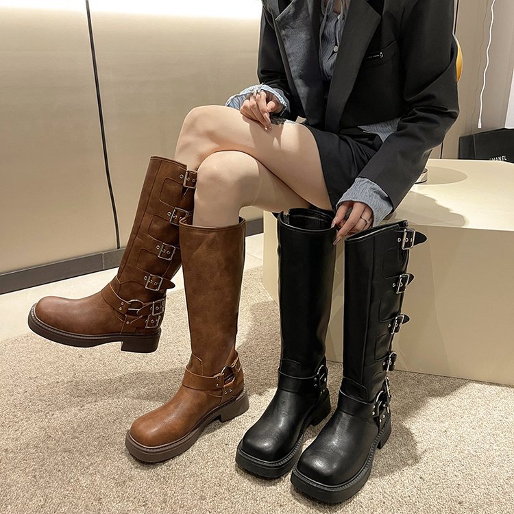 Cross-Border 2025 Summer New Style Long Boots Square Toe Thick Sole Metal Belt Buckle Versatile British Style Knight Boots in Stock
