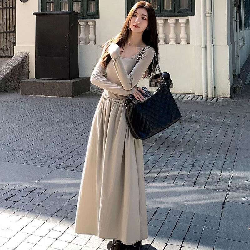 Black Dress for Women Summer 2024 Spring & Fall New French High-end Hepburn Style Long-sleeved Waist Long Skirt