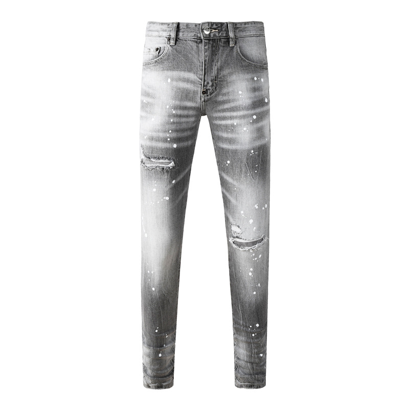 American High Street Fashion Men's Jeans, Distressed Gray Washed Paint Patch Trendy Brand Slim Fit Skinny Pants for Men
