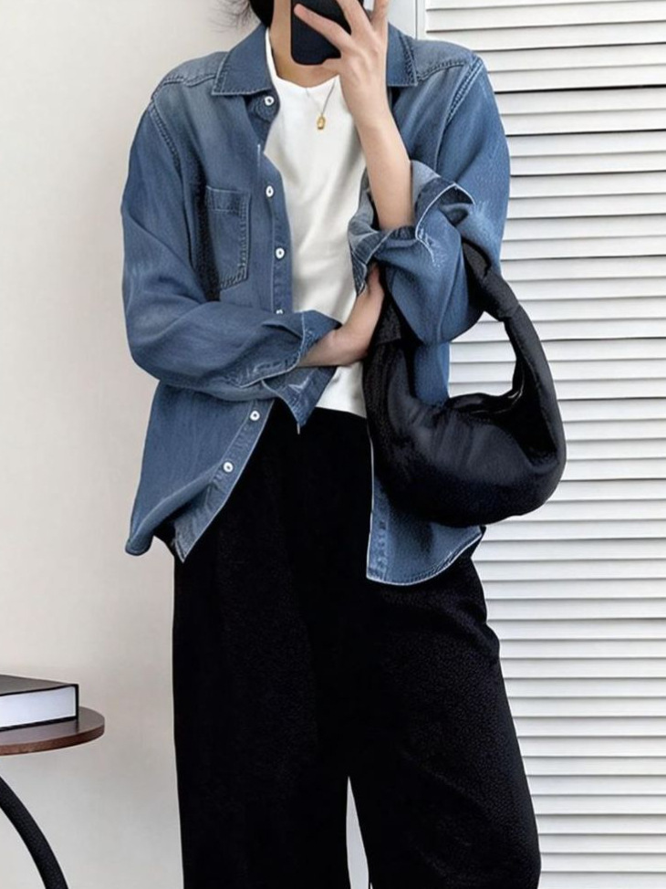 2026 Spring/Summer Fashion Retro High-Draped Long-Sleeve 100% Lyocell Tencel Denim Shirt for Women
