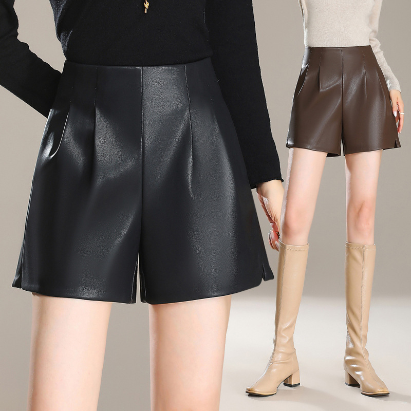 Counter Leather Shorts Women's Autumn and Winter New Fashion High Waist A Version Slim Look Wide Leg Sheepskin Leather Pants Outer Wear Boots Pants