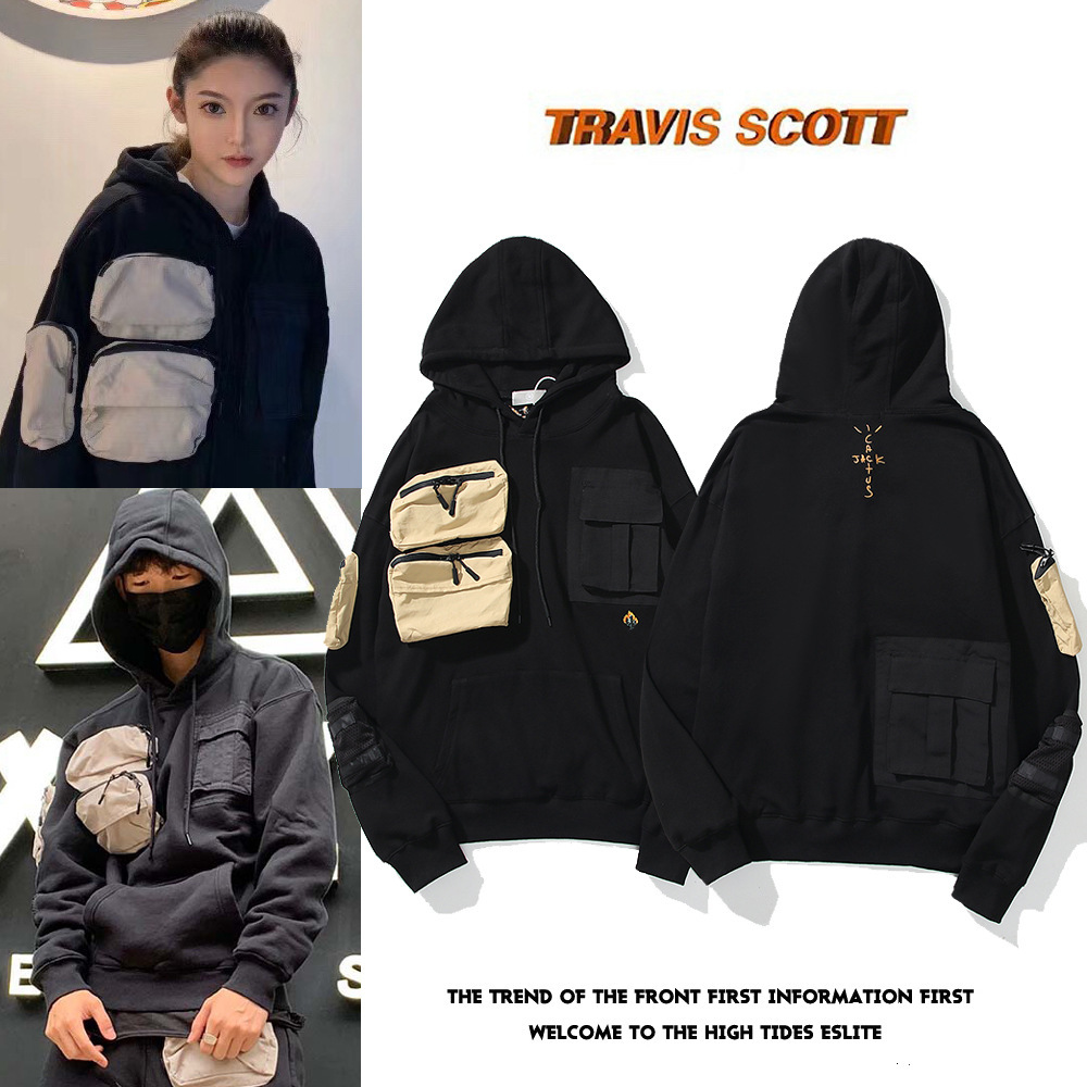 Cactus Jack Embroidered Multi-Flap Pocket Pants Sweatshirt Men's Travis Scott Ts Joint Workwear Pullover Hoodie