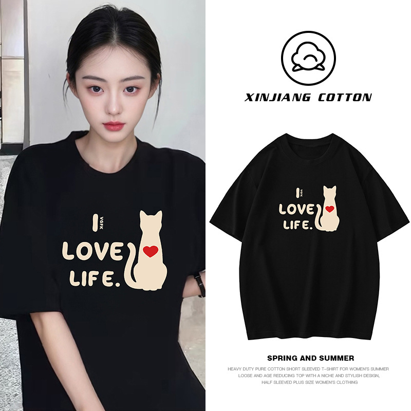 American Trendy Brand 260g Heavyweight Pure Cotton T-Shirt Women's Short-Sleeved Popular Design Heart Cat Print Half-Sleeved Top