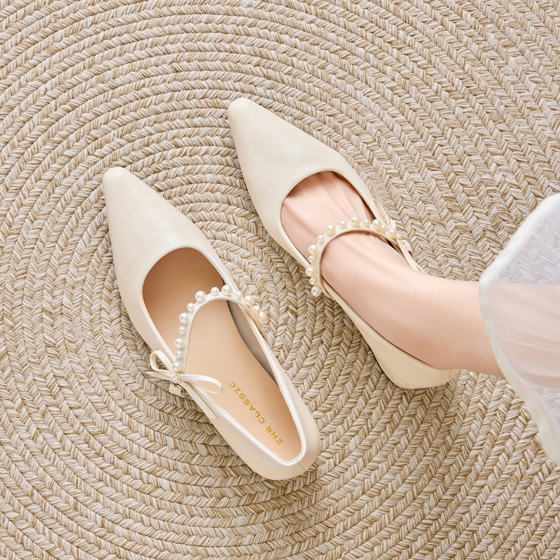 Zhr Gentle Pearl Chunky Heel Mary Jane Shoes 2026 Elegant Slimming Comfortable Sheepskin Cushion Lightweight Commuter Shoes