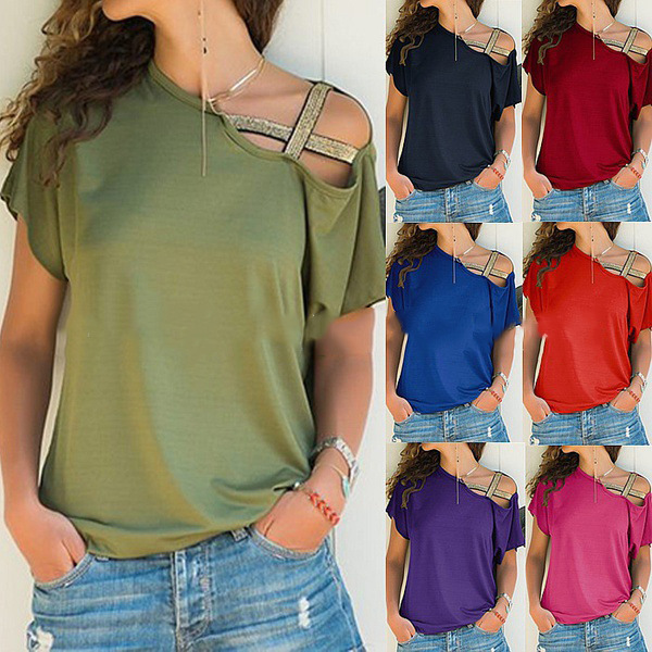 2024 Summer Wish Aliexpress Amazon Spring/Summer European and American Casual Asymmetrical Cross-Shoulder Irregular Short-Sleeve T-Shirt Women's Clothing