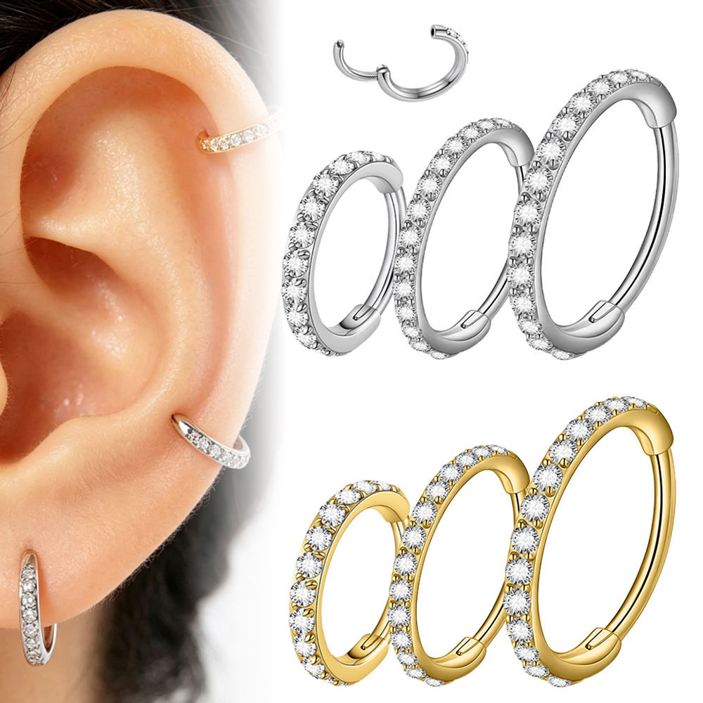Cross-Border Stainless Steel Electroplated Finely Carved White Zircon Nose Ring Side Ear Bone Ring Closed Multifunctional Hoop Piercing Jewelry