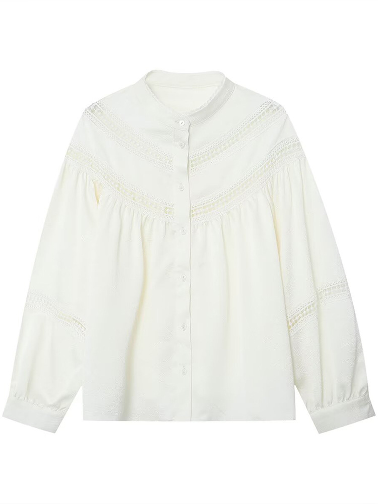 White Round Neck Long-Sleeved Lace Shirt 2025 Spring New Style Fashionable Age-Reducing High-End Versatile Top